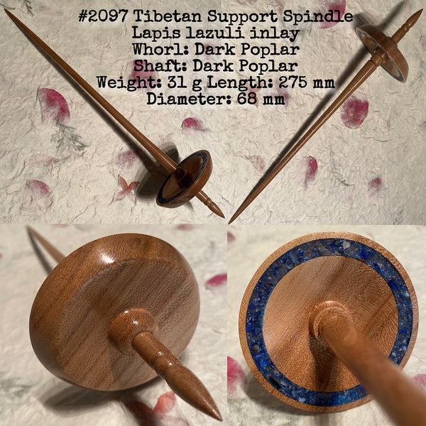 IxCHeL Fibre & Yarns LotBD Tibetan Support Spindle crafted with Dark Poplar with Lapis Lazuli Stone Inlay #2097