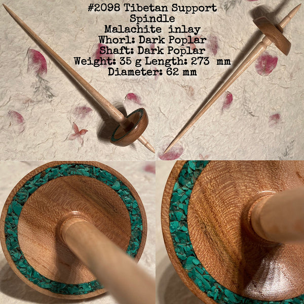 IxCHeL Fibre & Yarns LotBD Tibetan Support Spindle crafted with Dark Poplar with Malachite Stone Inlay #2098