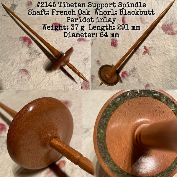 IxCHeL Fibre & Yarns LotBD Tibetan Support Spindle crafted with French Oak, Blackbutt and Peridot Inlay #2145