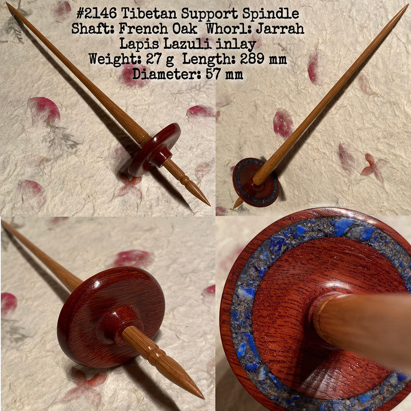 IxCHeL Fibre & Yarns LotBD Tibetan Support Spindle crafted with French Oak, Jarrah and Lapis Lazuli Inlay #2146