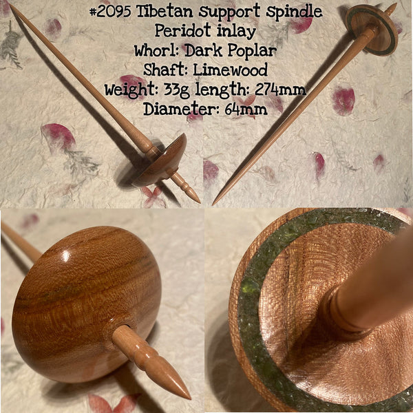 IxCHeL Fibre & Yarns LotBD Tibetan Support Spindle crafted with Limewood & Dark Poplar with Peridot Stone Inlay #2095