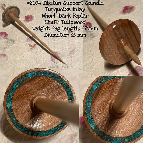 IxCHeL Fibre & Yarns LotBD Tibetan Support Spindle crafted with Tulipwood & Dark Poplar with Turquoise Stone Inlay #2094