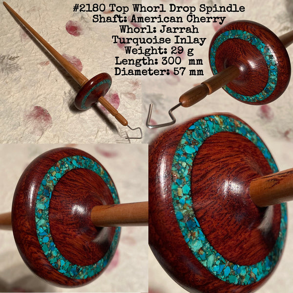 IxCHeL Fibre & Yarns LotBD Top Whorl Drop Spindle crafted in American Cherry & Jarrah with Turquoise Inlay #2180