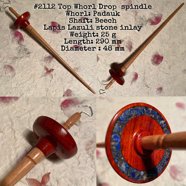 IxCHeL Fibre & Yarns LotBD Top Whorl Drop Spindle Beech/Padauk with Lapis Lazuli Stone Inlay #2112 