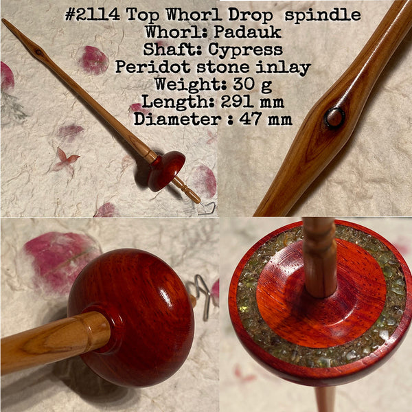 IxCHeL Fibre & Yarns LotBD Top Whorl Drop Spindle Cypress w/Natural Feature/Padauk with Peridot Stone Inlay #2114