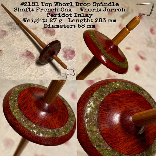 IxCHeL Fibre & Yarns LotBD Top Whorl Drop Spindle crafted in French Oak & Jarrah with Peridot Inlay #2181