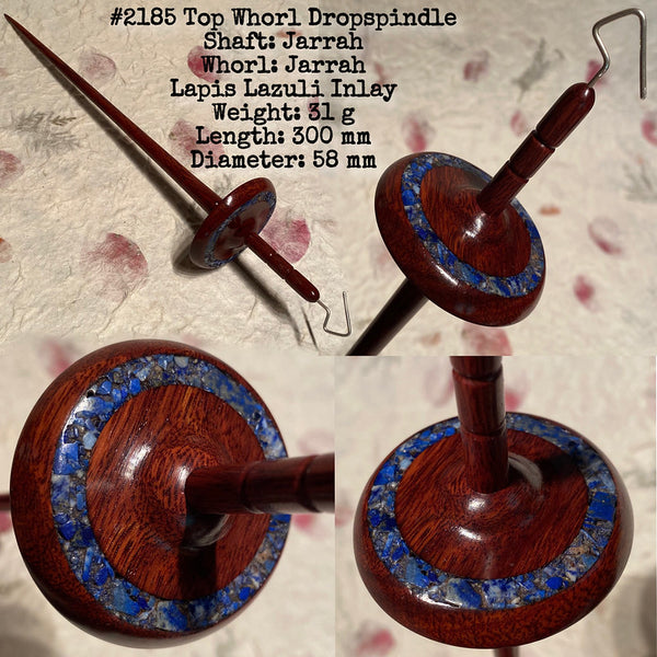 IxCHeL Fibre & Yarns LotBD Top Whorl Drop Spindle crafted in Jarrah with Lapis Lazuli Inlay #2185