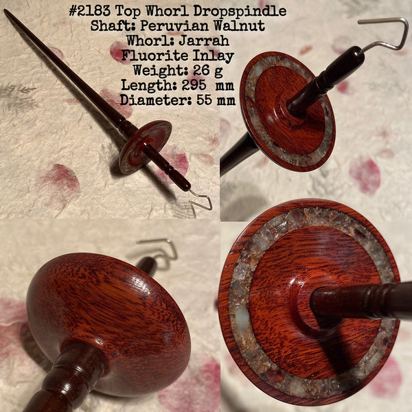 IxCHeL Fibre & Yarns LotBD Top Whorl Drop Spindle crafted in Peruvian Walnut & Jarrah with Fluorite Inlay #2183