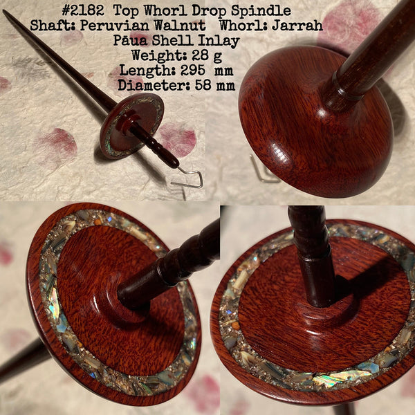 IxCHeL Fibre & Yarns LotBD Top Whorl Drop Spindle crafted in Peruvian Walnut & Jarrah with Paua Shell Inlay #2182