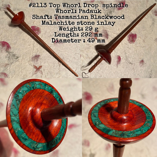 IxCHeL Fibre & Yarns LotBD Top Whorl Drop Spindle Tasmanian Blackwood/Padauk with Malachite Stone Inlay #2113