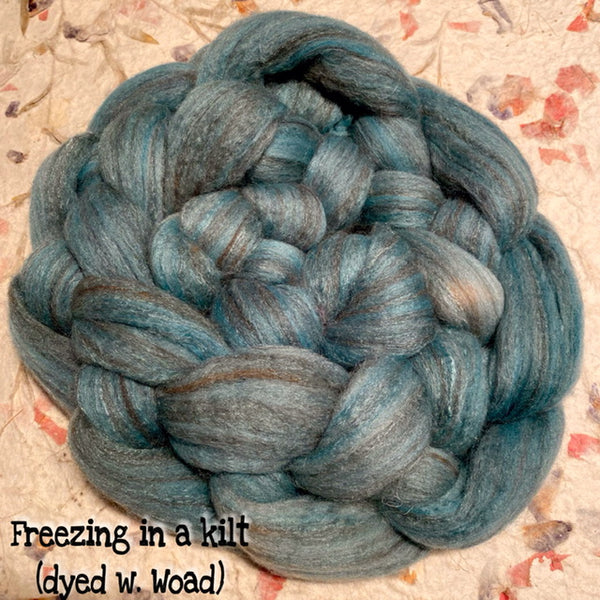 IxCHeL Fibre & Yarns Outlander Tops colourway Freezing In A Kilt Dyed with Woad
