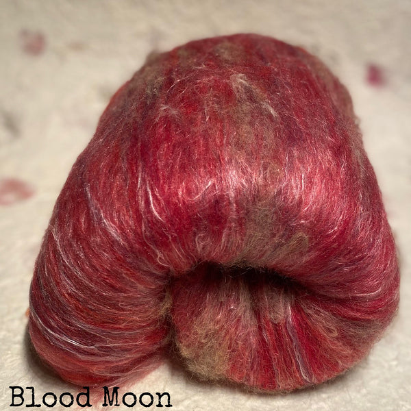 IxCHeL Fibre And Yarns Possum Cashmere Merino Silk Batts colourway Blood Moon