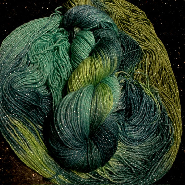 IxCHeL Fibre And Yarns Sparkle Merino 4ply Sock Yarn colourway Emerald Forest Nymph