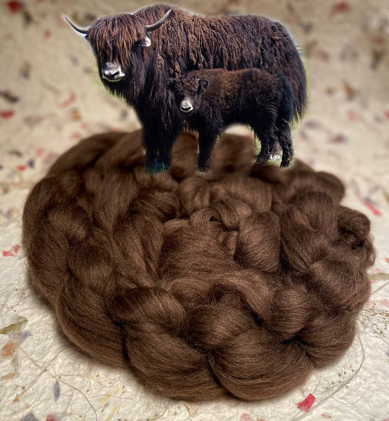IxCHeL Fibre And Yarns Tibetan Yak colourway Natural Dark Brown with a Yak super imposed standing on top of the Top!