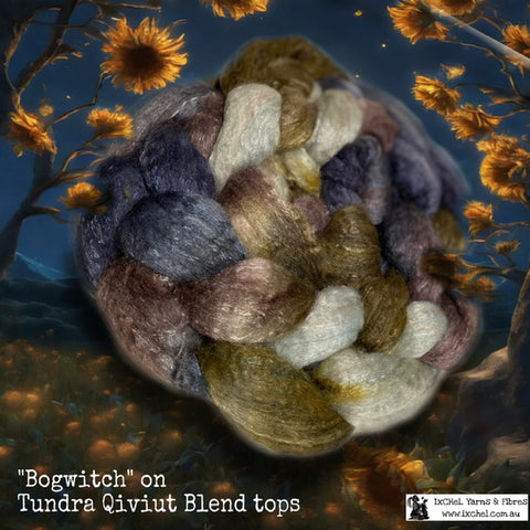 IxCHeL Fibre & Yarns Tundra Qiviut Blend Tops colourway Bogwitch superimposed over a a Sunflower display