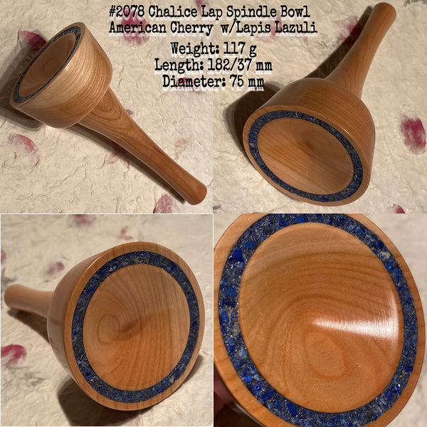 IxCHeL Fibre & Yarns LotBD Chalice Lap Spindle Bowl made of American Cherry with Lapis Lazuli Stone Inlay #2078