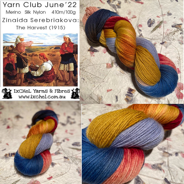 IxCHeL Fibres Art Journey Sock Yarn Club collage of June 2022