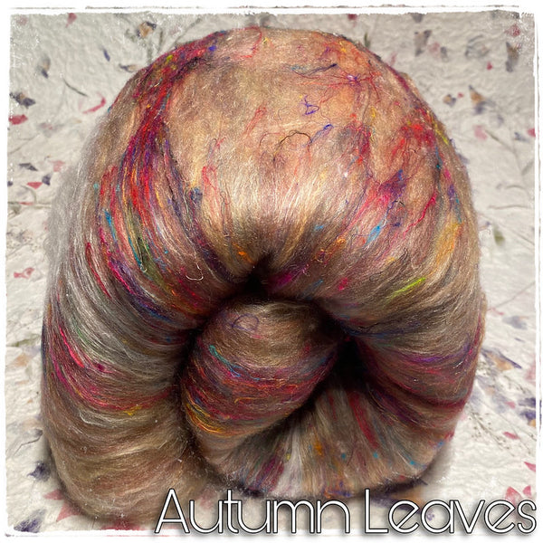 IxCheL Fibre & Yarns Merino Silk, Angora & Sari Silk Batts colourway Autumn Leaves