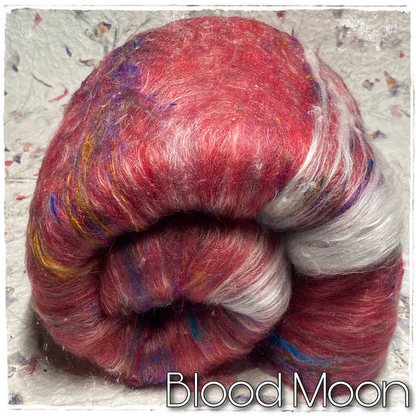 IxCheL Fibre & Yarns Merino Silk, Angora & Sari Silk Batts colourway Blood Moon