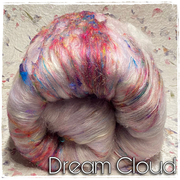 IxCheL Fibre & Yarns Merino Silk, Angora & Sari Silk Batts colourway Dream Cloud