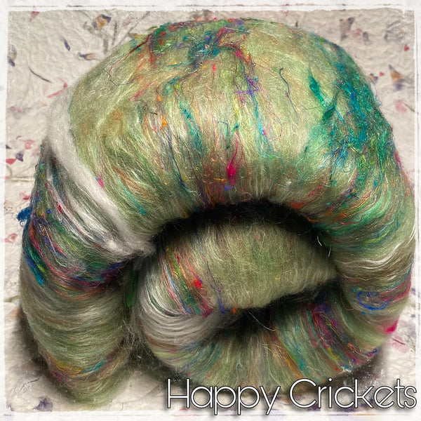 IxCheL Fibre & Yarns Merino Silk, Angora & Sari Silk Batts colourway Happy Crickets