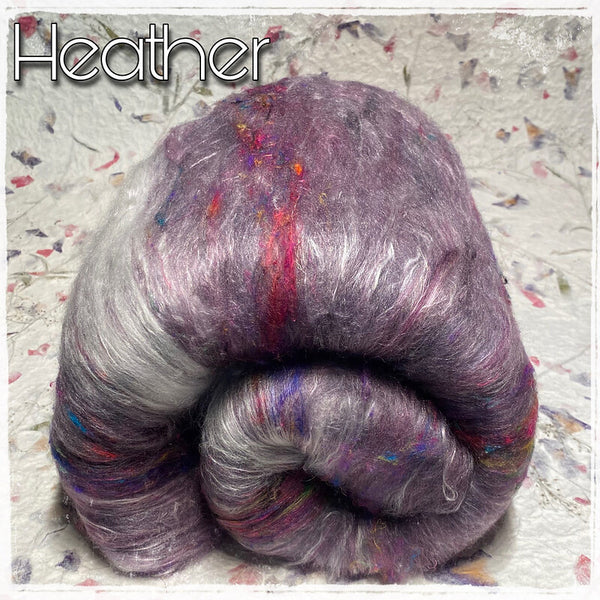 IxCheL Fibre & Yarns Merino Silk, Angora & Sari Silk Batts colourway Heather