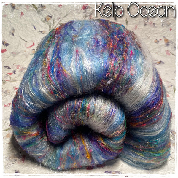 IxCheL Fibre & Yarns Merino Silk, Angora & Sari Silk Batts colourway Kelp Ocean