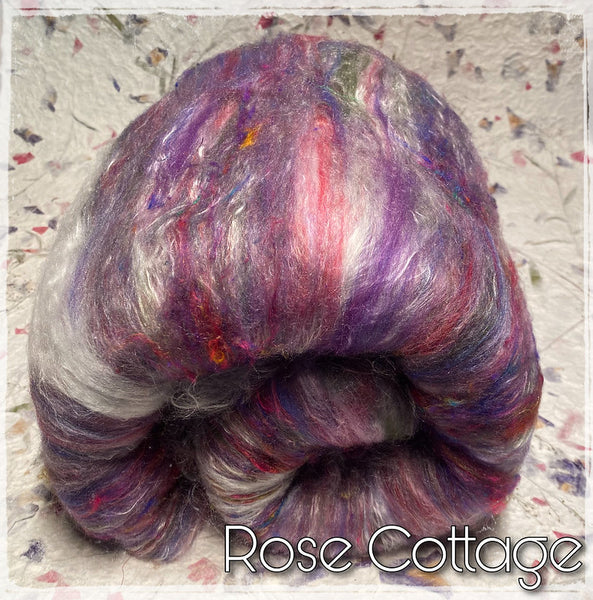 IxCheL Fibre & Yarns Merino Silk, Angora & Sari Silk Batts colourway Rose Cottage