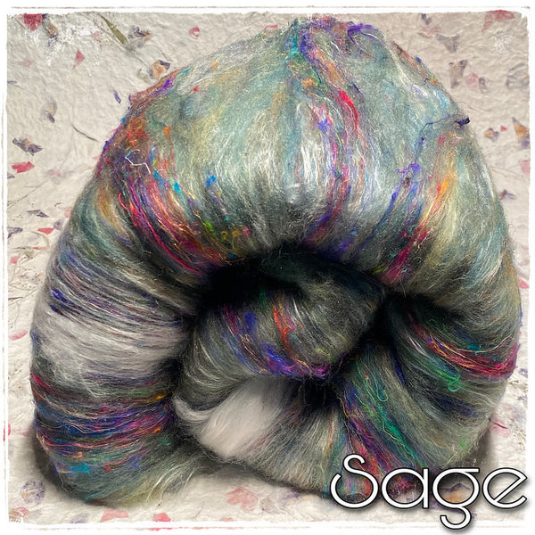 IxCheL Fibre & Yarns Merino Silk, Angora & Sari Silk Batts colourway Sage