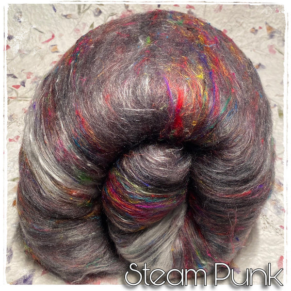 IxCheL Fibre & Yarns Merino Silk, Angora & Sari Silk Batts colourway Steam Punk