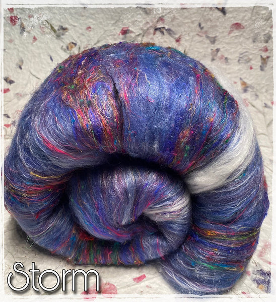 IxCheL Fibre & Yarns Merino Silk, Angora & Sari Silk Batts colourway Storm