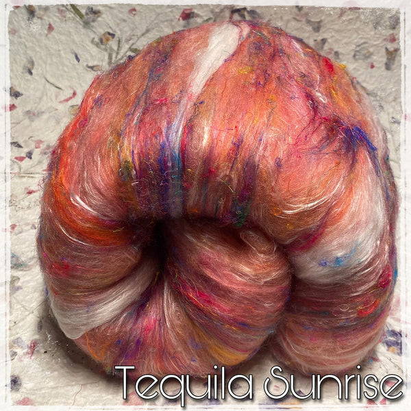 IxCheL Fibre & Yarns Merino Silk, Angora & Sari Silk Batts colourway Tequila Sunrise