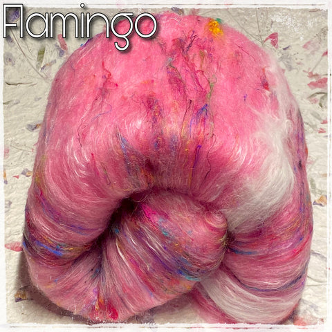 IxCheL Fibre & Yarns Merino Silk Batts with Angora, Sari Silk & Cashmere colourway Flamingo