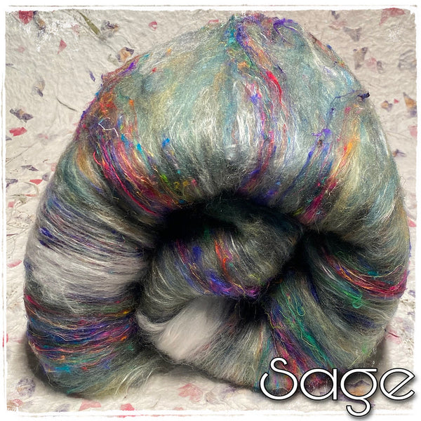 IxCheL Fibre & Yarns Merino Silk Batts with Angora, Sari Silk & Cashmere colourway Sage