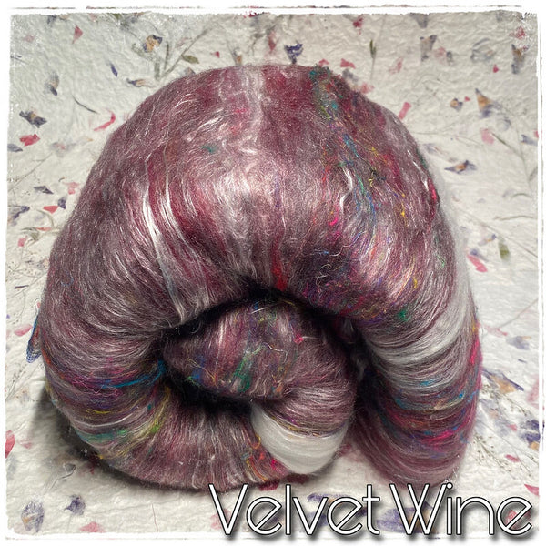 IxCheL Fibre & Yarns Merino Silk Batts with Angora, Sari Silk & Cashmere colourway Velvet Wine