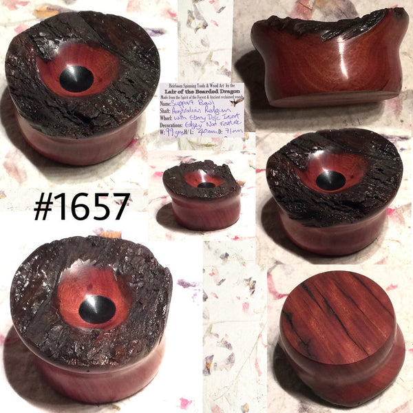 IxCHeL Fibre & Yarns LotBD Spindle Support Bowl made in Australian Redgum and an Ebony Disc with Natural Edge rim 1657